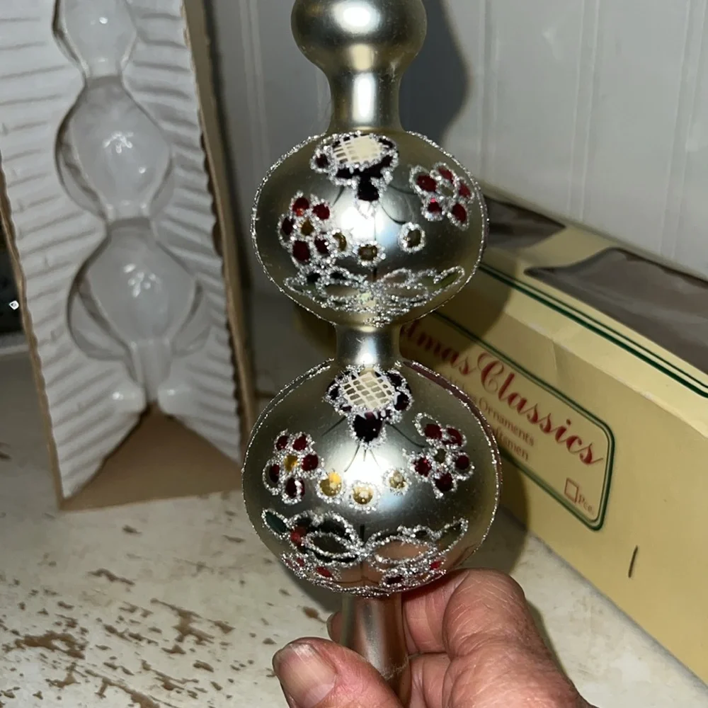 Vintage Mercury Glass hand decorated Christmas Tree topper 13”